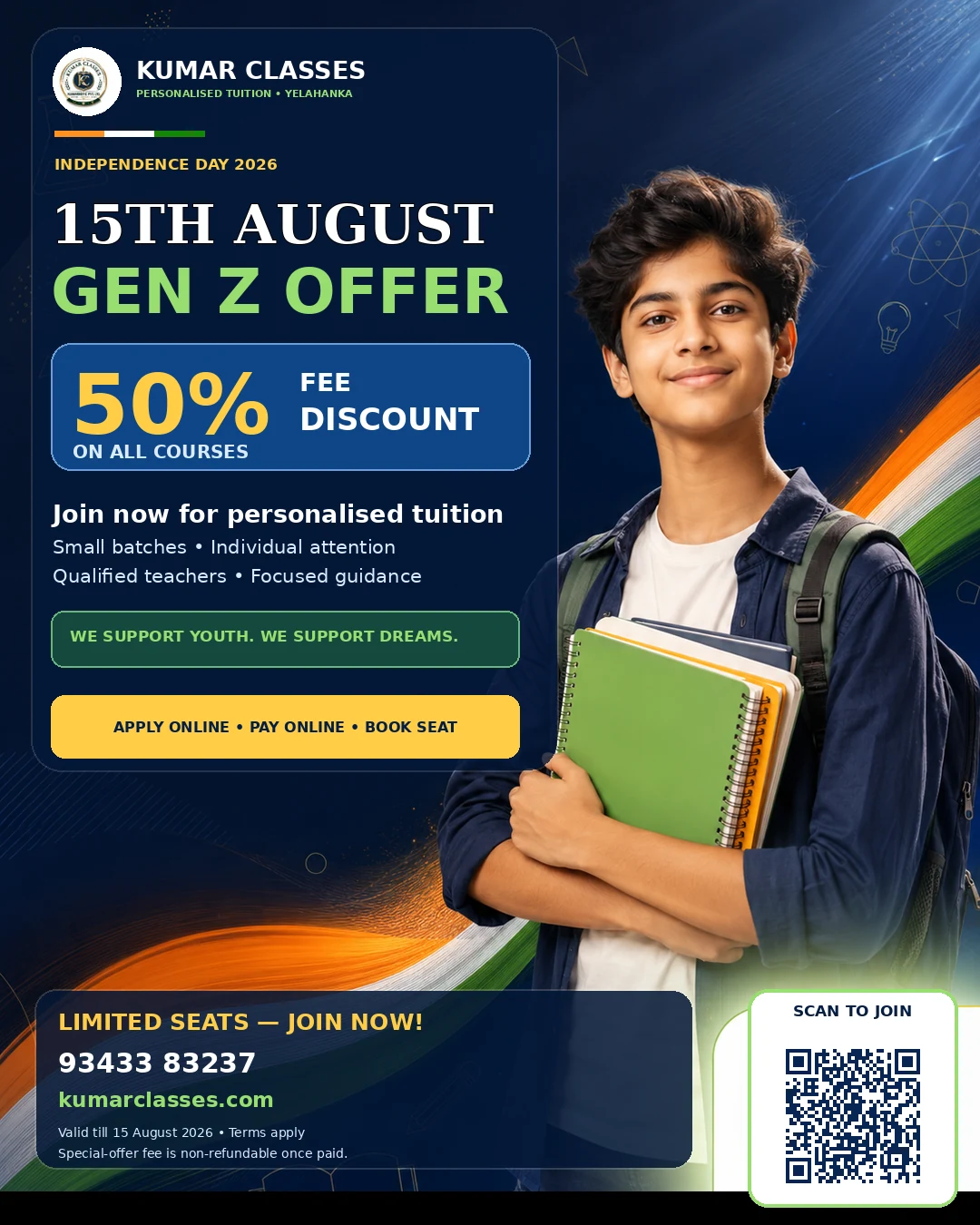 Kumar Classes 15th August Gen Z Offer: 50 percent fee discount on all courses. Apply online and book your seat.
